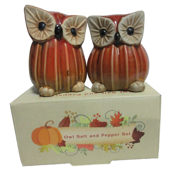 Cracker Barrel Fall Harvest Striped Owl Salt and Pepper Shakers Brown/Orange - Picture 1 of 5